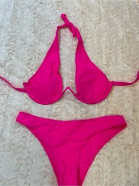 Source Unknown Vibrant Fuchsia Halter Bikini Set
